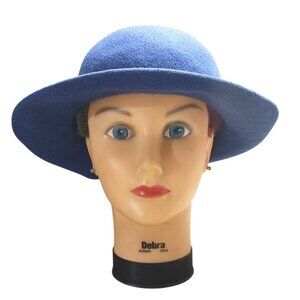 Georgette Doeskin Felt Bowler Wool New York Blue Hat Made In USA Vintage Ribbon